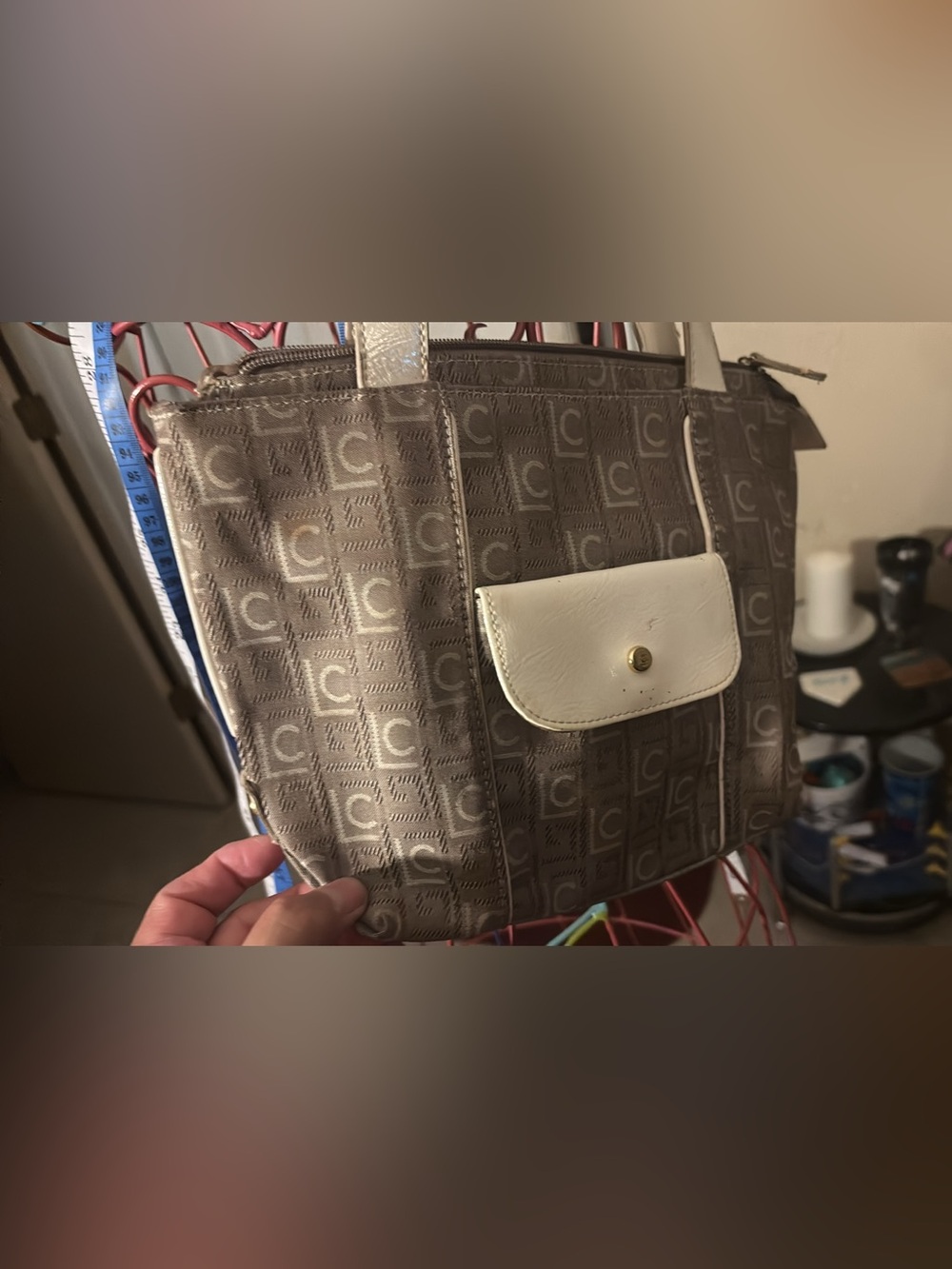 Classic Monogram Tote Bag in Taupe with Cream Pocket